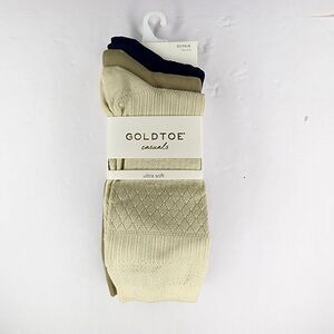 Set 3 GoldToe Roll Top Ultra Soft Rayon Beige  Blue Crew Socks Ladies 6-9 NEW